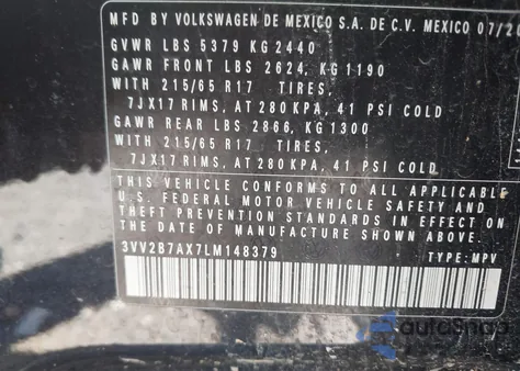 2020 Volkswagen Tiguan 2.0T Se/2.0T Se R-Line Black/2.0T Sel из США, поврежденный, VIN 3VV2B7AX7LM148379